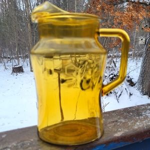 Vtg Pitcher Honey Amber Glass Tapered Handled Engraved P